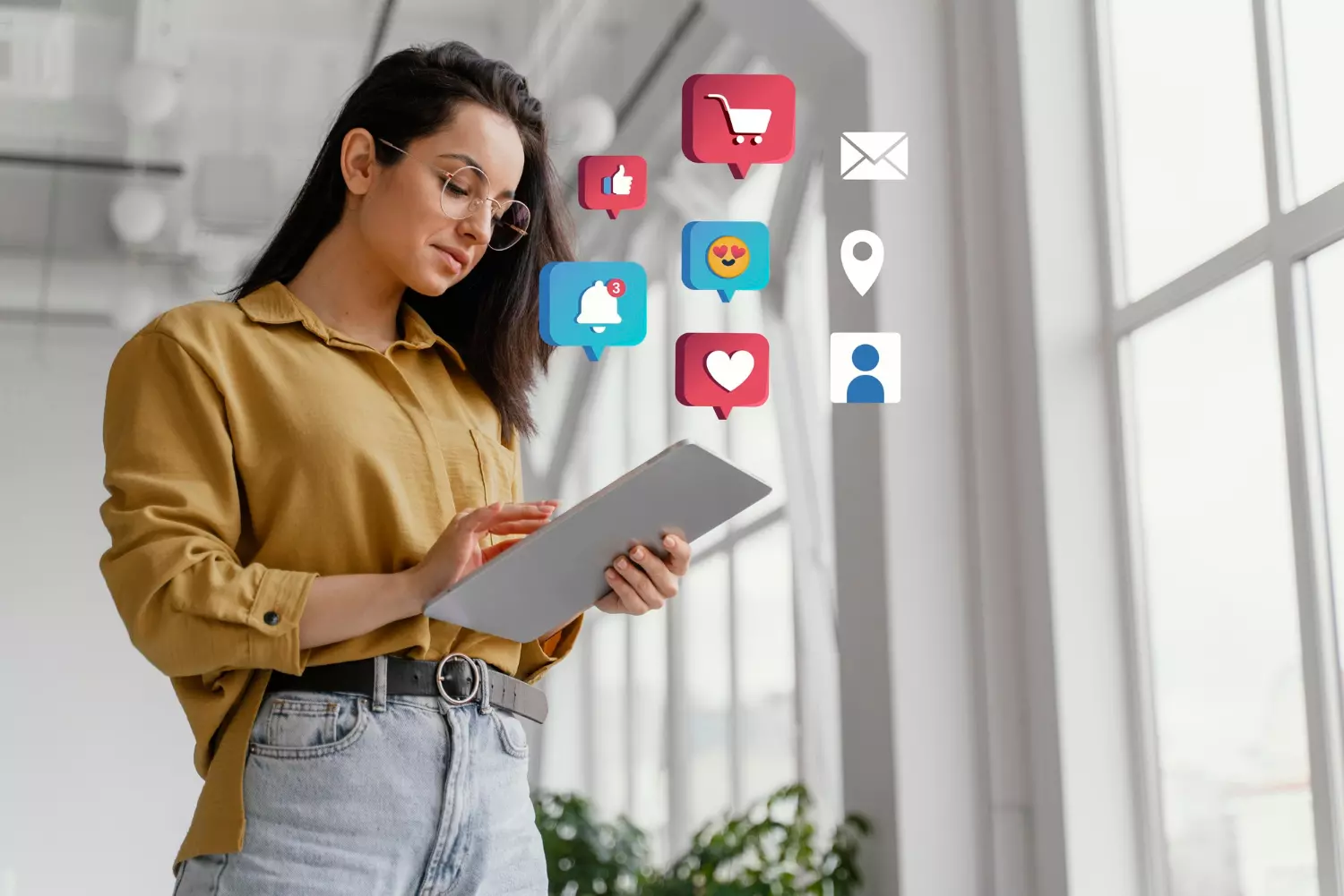 Marketing de Conteúdo - Mulher com Tablet nas mãos e simbolos referente as redes sociais.