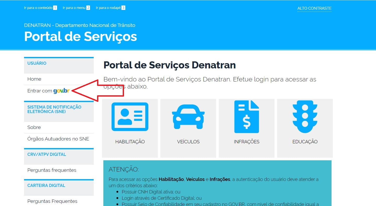 Página do Denatran - Acesso pelo Portal Gov.br