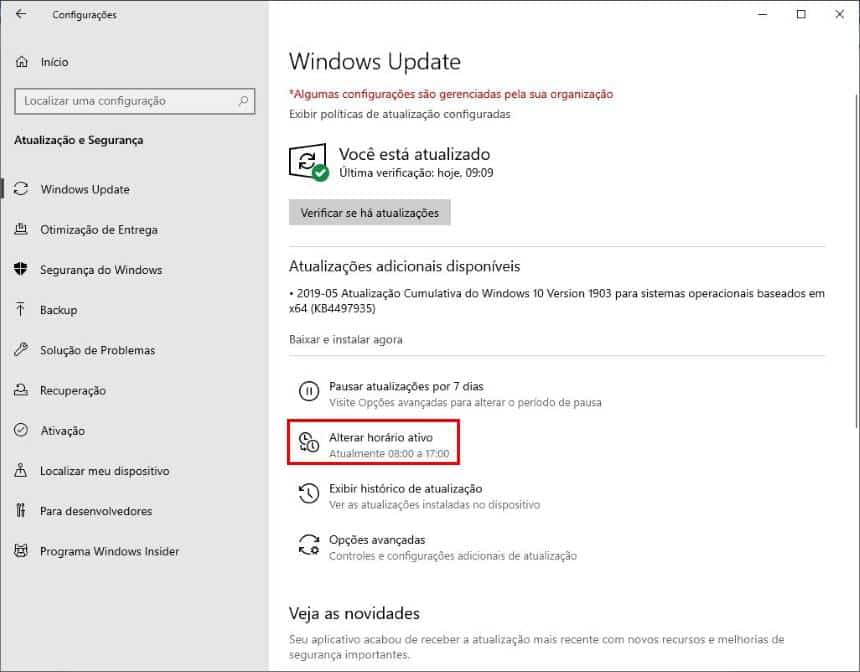 Configurar hora para Instalação de Atualizações no Windows 10