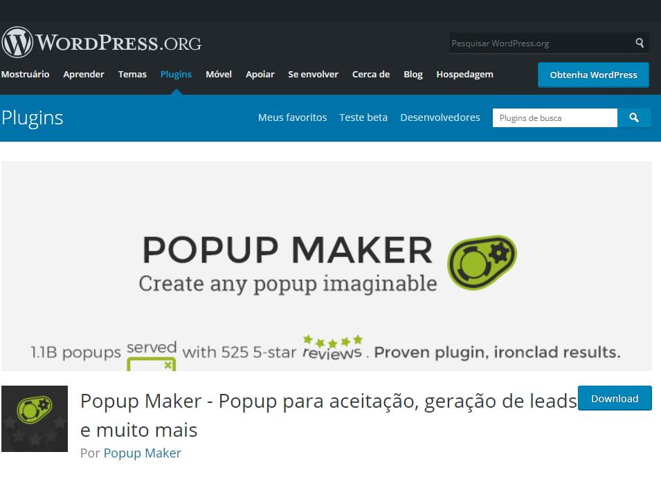 Página do Plugin Popup Maker