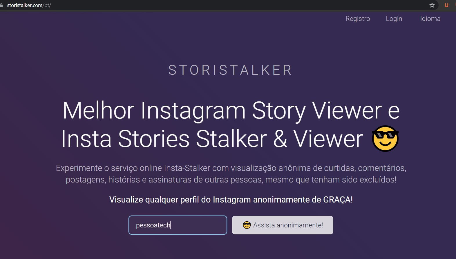 Página inicial do site do StoryStalker