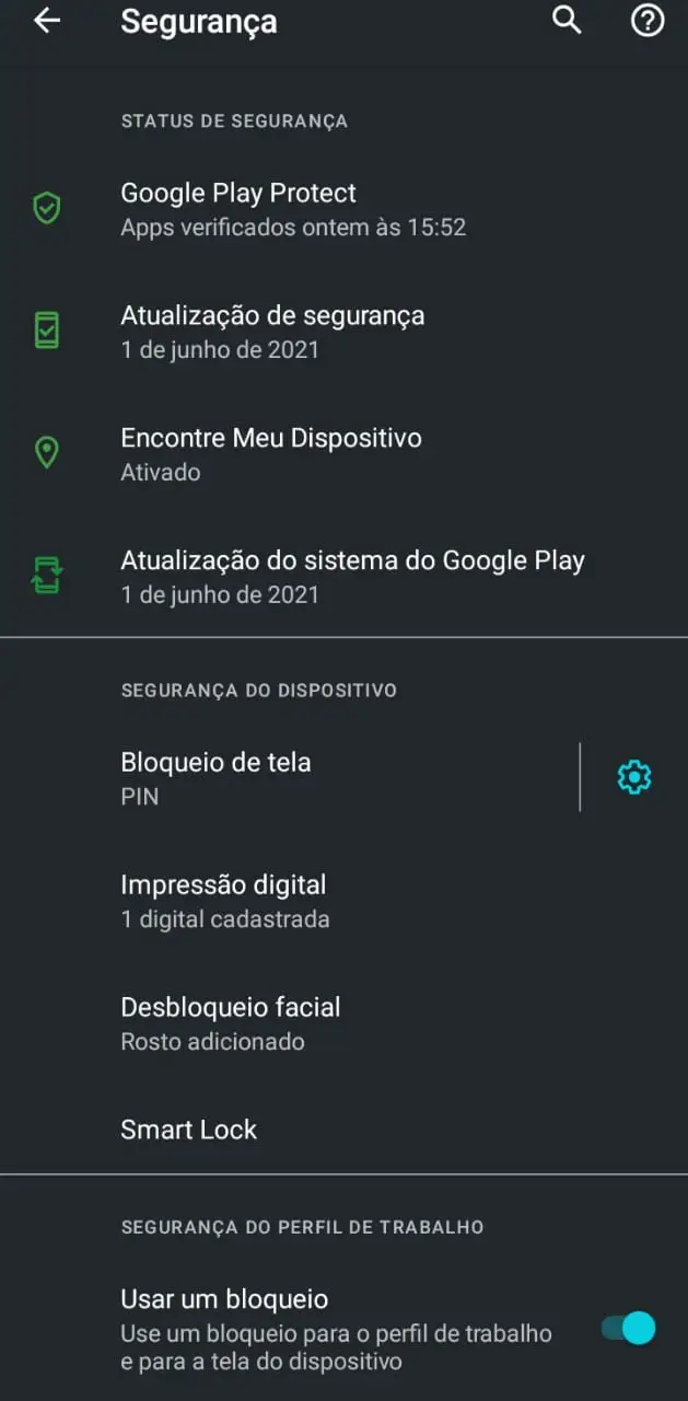 tela de configuração de Celular Android Motorola Fusion